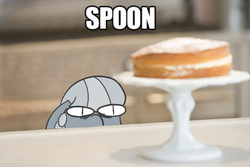 Size: 550x367 | Tagged: safe, artist:fantasyglow, silver spoon, earth pony, pony, g4, cake, eyes on the prize, female, pun, solo, soon