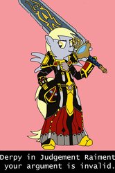 Size: 1275x1920 | Tagged: safe, derpy hooves, pony, g4, bipedal, judgement armor, sword, warcraft, world of warcraft