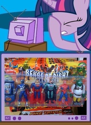 Size: 562x771 | Tagged: safe, twilight sparkle, donkey, human, ogre, pony, unicorn, g4, batman, bob parr, bootleg, car, cars (pixar), donkey (shrek), exploitable meme, facehoof, lightning mcqueen, male, meme, mr. incredible, power rangers, seems legit, sense of right alliance, shrek, shrek (character), spider-man, superhero, superman, teenage mutant ninja turtles, the incredibles, toy, tv meme, wat