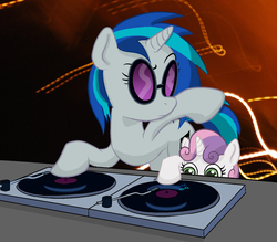 Size: 1000x876 | Tagged: dead source, safe, artist:fadri, artist:lowkey, dj pon-3, sweetie belle, vinyl scratch, pony, unicorn, g4, artifact, cute, diasweetes, duo, female, filly, mare, record, record player, record scrape, sunglasses, turntable