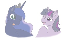 Size: 1024x652 | Tagged: safe, artist:vertonica, princess luna, twilight sparkle, alicorn, pony, g4, ear fluff, female, mare, tongue out, twilight sparkle (alicorn), wink