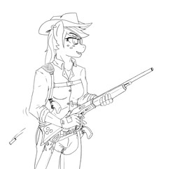 Size: 3000x2907 | Tagged: safe, artist:devious-stylus, applejack, earth pony, anthro, g4, chaps, eyepatch, fanfic, gun, handgun, mercenary, revolver, rifle