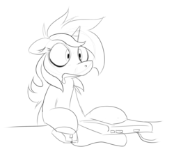 Size: 1114x998 | Tagged: safe, artist:owl-eyes, lyra heartstrings, pony, unicorn, g4, black and white, computer, computer mouse, drool, female, grayscale, keyboard, monochrome, simple background, solo, white background, wide eyes