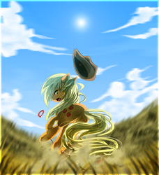 Size: 1160x1270 | Tagged: safe, artist:konveekou, applejack, earth pony, pony, g4, cloud, cloudy, female, grass, loose hair, running, solo