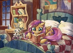 Size: 800x582 | Tagged: safe, artist:the-wizard-of-art, angel bunny, fluttershy, pegasus, pony, rabbit, g4, animal, bed, book, cottagecore, crying, lantern, painting, reading, redwall, tissue, tissue box, traditional art, watercolor painting