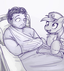 Size: 721x800 | Tagged: safe, artist:drbdnv, derpy hooves, human, g4, 8 bit mickey, 8-bit mickey, bed, hacksaw, hooves, injured, monochrome, nurse, saw, this will end in tears, this will end in tears and/or death, unshorn fetlocks