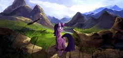 Size: 2000x951 | Tagged: safe, artist:jokerpony, twilight sparkle, pony, unicorn, g4, day, detailed background, full body, happy, mountain, scenery, smiling, solo, unicorn twilight