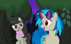 Size: 320x200 | Tagged: safe, artist:herooftime1000, dj pon-3, octavia melody, vinyl scratch, earth pony, pony, unicorn, octavia in the underworld's cello, g4, everfree forest, fan game, octavia is not amused, unamused, vinyl's glasses