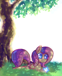 Size: 627x767 | Tagged: safe, artist:astrofiziks, fluttershy, pony, g4, female, solo, stars, tangible heavenly object, tree