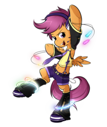Size: 800x950 | Tagged: safe, artist:secret-pony, scootaloo, pony, g4, belly button, bipedal, clothes, dancing, female, filly, foal, glow band, glowstick, headphones, midriff, necktie, shoes, shorts, simple background, solo, transparent background, vocaloid