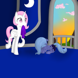 Size: 5500x5500 | Tagged: safe, artist:girlanimeprincess, princess celestia, princess luna, pony, g4, absurd resolution, cloud, cloudy, pink-mane celestia, sleeping, sunrise, woona, younger