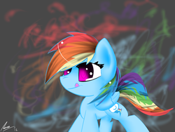 Size: 4000x3000 | Tagged: safe, artist:strangemoose, rainbow dash, g4, :p, abstract background, chibi, colored pupils, side view, solo, tongue out