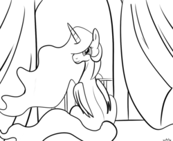 Size: 1189x970 | Tagged: safe, artist:nasse, princess celestia, pony, g4, female, lineart, monochrome, sitting, solo