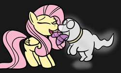 Size: 1452x870 | Tagged: safe, fluttershy, dog, ghost, pegasus, pony, g4, crossover, licking, luigi's mansion, luigi's mansion: dark moon, missing cutie mark, nintendo, polterpup, tongue out