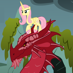 Size: 4800x4800 | Tagged: safe, artist:beavernator, basil, fluttershy, alicorn, dragon, pony, g4, absurd resolution, alicornified, chromatic dragon, dungeons and dragons, duo, female, fluttercorn, hoof shoes, mare, race swap, red dragon, standing on head