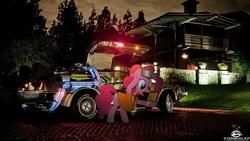 Size: 1024x576 | Tagged: safe, pinkie pie, g4, back to the future, car, crossover, delorean, great scott, ponies in real life, time machine, time travel, wallpaper