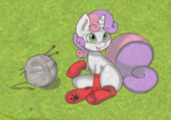 Size: 989x695 | Tagged: safe, artist:joey darkmeat, sweetie belle, pony, g4, clothes, colored, cute, female, needle, socks, solo, yarn