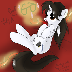 Size: 2000x2000 | Tagged: safe, artist:lightningnickel, raven, pony, unicorn, g4, 30 minute art challenge, cute, female, glasses, mare, pomf, red background, simple background