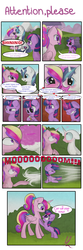 Size: 1133x3401 | Tagged: safe, artist:lolepopenon, princess cadance, shining armor, twilight sparkle, pony, unicorn, g4, alternate hairstyle, angry, astartes pattern baldness, bald, balding armor, bipedal leaning, blushing, comic, cute, eye contact, filly, floppy ears, fluffy, frown, gritted teeth, heart eyes, magic, open mouth, scrunchy face, smiling, tail bow, twiabetes, unamused, wide eyes, windswept mane, wingding eyes, yelling, younger, zip lines