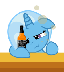 Size: 4418x4999 | Tagged: safe, artist:sofunnyguy, trixie, pony, unicorn, g4, :t, absurd resolution, alcohol, applejack daniel's, drink, drunk, female, jack daniels, mare, sad drinking, solo