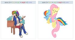 Size: 587x313 | Tagged: safe, fluttershy, rainbow dash, human, g4, exploitable meme, humanized, juxtaposition, juxtaposition win, ship:flutterdash, shipping