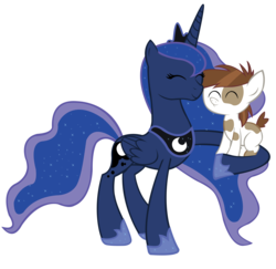 Size: 3000x2914 | Tagged: safe, artist:sofunnyguy, pipsqueak, princess luna, alicorn, earth pony, pony, g4, colt, eyes closed, female, foal, holding a pony, jewelry, male, mare, nuzzling, regalia, simple background, transparent background