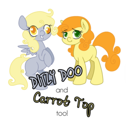 Size: 1500x1500 | Tagged: safe, artist:robynne, carrot top, derpy hooves, golden harvest, earth pony, pegasus, pony, g4, alternate hairstyle, blank flank, duo, filly, simple background, transparent background, wingding eyes