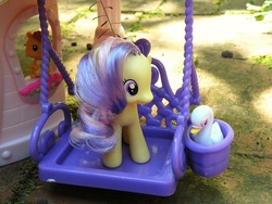 Size: 640x480 | Tagged: safe, sunny rays, squirrel, swan, g4, brushable, figure, irl, photo, swing, toy