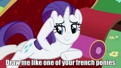 Size: 1600x900 | Tagged: safe, edit, edited screencap, screencap, rarity, pony, g4, lesson zero, draw me like one of your french girls, fainting couch, image macro, solo