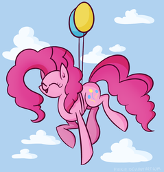 Size: 1884x1971 | Tagged: safe, artist:faikie, pinkie pie, earth pony, pony, g4, balloon, cloud, cloudy, female, floating, happy, sky, solo, then watch her balloons lift her up to the sky