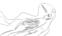 Size: 1033x599 | Tagged: safe, artist:nasse, princess celestia, pony, g4, female, lineart, monochrome, preening, solo