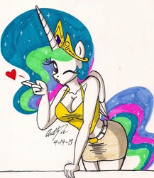 Size: 1148x1325 | Tagged: safe, artist:newyorkx3, princess celestia, anthro, g4, blowing a kiss, breasts, busty princess celestia, cleavage, clothes, female, heart, simple background, skirt, solo, traditional art, white background, wink