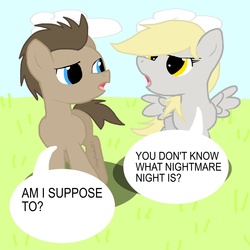 Size: 4724x4724 | Tagged: safe, artist:crazypizzafan927, derpy hooves, doctor whooves, time turner, pegasus, pony, g4, absurd resolution, female, mare, nightmare night, speech bubble