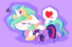 Size: 877x575 | Tagged: safe, artist:nyankamedon, princess celestia, twilight sparkle, g4, annoyed, female, heart, lesbian, pixiv, ship:twilestia, shipping