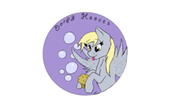 Size: 3072x1728 | Tagged: safe, artist:ask-tilly1152010, derpy hooves, pegasus, pony, g4, bubble, button, female, mare, muffin, solo, tongue out