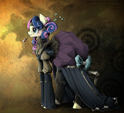 Size: 974x890 | Tagged: safe, artist:nastylady, bon bon, sweetie drops, pony, g4, alternate hairstyle, clothes, dress, fashion, female, mouth hold, solo, steampunk