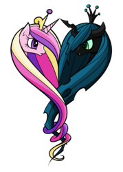 Size: 1585x2210 | Tagged: safe, artist:faikie, princess cadance, queen chrysalis, alicorn, changeling, changeling queen, pony, g4, crown, fangs, female, green eyes, green mane, horn, jewelry, looking at each other, multicolored hair, purple eyes, regalia, simple background, transparent background