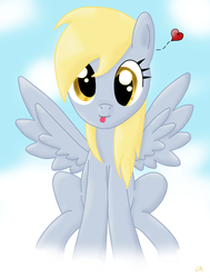 Size: 1400x1850 | Tagged: safe, artist:thecrimsoncanvas, derpy hooves, pegasus, pony, g4, cloud, cloudy, cute, female, mare, sitting, solo, tongue out