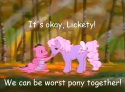 Size: 635x466 | Tagged: safe, edit, edited screencap, screencap, baby lickety-split, spike (g1), g1, comic sans, text, worst pony