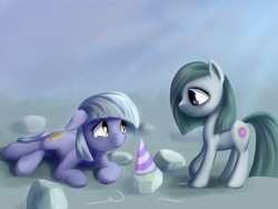 Size: 1600x1200 | Tagged: safe, artist:sokolas, limestone pie, marble pie, earth pony, pony, g4, crying, female, floppy ears, hat, mare, older, party hat, pie sisters, rock, sad, siblings, sisters