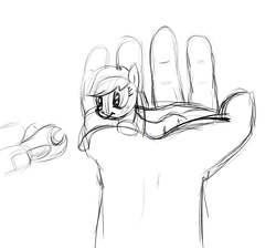 Size: 839x751 | Tagged: safe, artist:nasse, applejack, g4, hand, in goliath's palm, micro, sketch