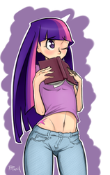 Size: 550x869 | Tagged: safe, artist:viewtifuljoex, twilight sparkle, human, g4, adorasexy, belly button, blushing, book, breasts, clothes, cute, female, humanized, jeans, midriff, sexy, shy, solo, twiabetes, wide hips, wink