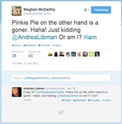 Size: 602x614 | Tagged: safe, pinkie pie, g4, andrea libman, meghan mccarthy, seems legit, text, twilight will not outlive her friends, twitter