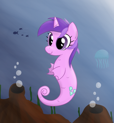 Size: 761x825 | Tagged: safe, artist:hip-indeed, amethyst star, sparkler, jellyfish, sea pony, g4, bubble, seaponified, species swap, underwater