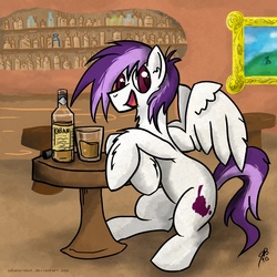 Size: 1600x1600 | Tagged: safe, artist:jorobro, sugar grape, pegasus, pony, g4, alcohol, bottle, drink, painting, rule 63, table