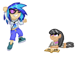 Size: 1648x1266 | Tagged: safe, artist:xospades, dj pon-3, octavia melody, vinyl scratch, human, g4, book, earbuds, humanized, jumping, simple background, smiling, transparent background