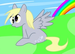 Size: 1403x1002 | Tagged: safe, artist:iquackkers, derpy hooves, pegasus, pony, g4, female, mare, rainbow, sitting, solo