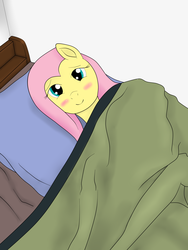 Size: 2400x3200 | Tagged: artist needed, safe, fluttershy, pony, g4, bed, blanket, blushing, female, looking at you, pixiv, solo