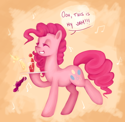 Size: 1002x981 | Tagged: safe, artist:ouyrof, pinkie pie, earth pony, pony, g4, drink, female, happy, juice, music notes, smiling, solo