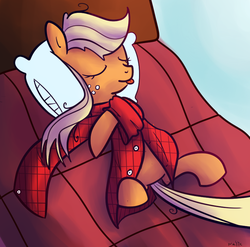 Size: 777x768 | Tagged: safe, artist:nasse, artist:rustydooks, applejack, earth pony, pony, g4, :p, bed, clothes, cute, female, jackabetes, pillow, shirt, sleeping, solo, tongue out